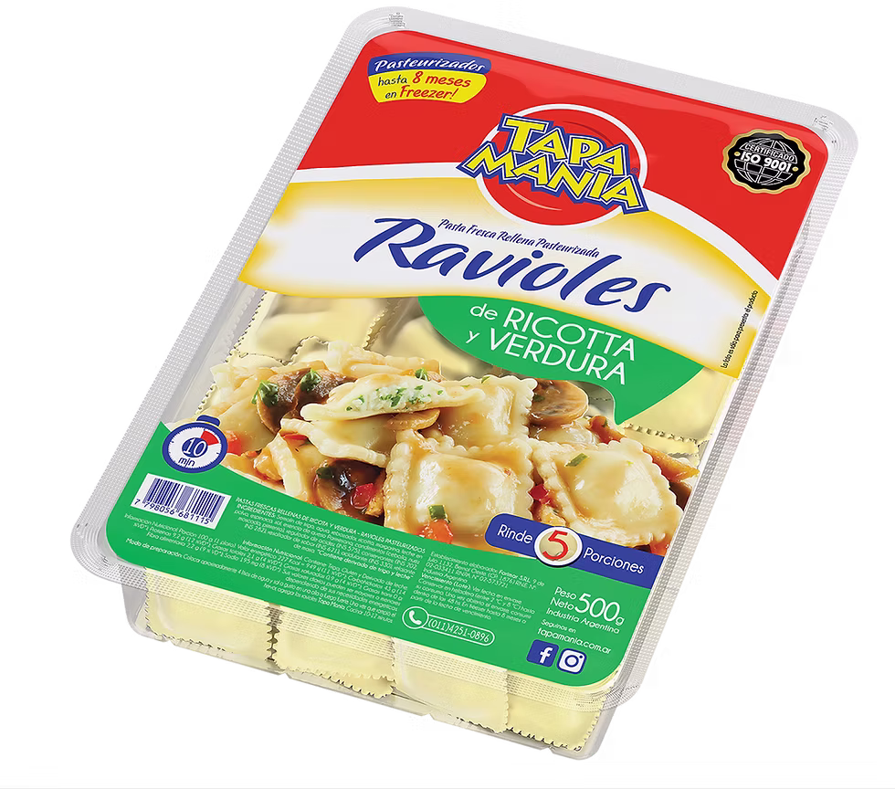 RAVIOLES BLISTER RICOTA Y VERDURA TAPA MANIA X 500 GRS