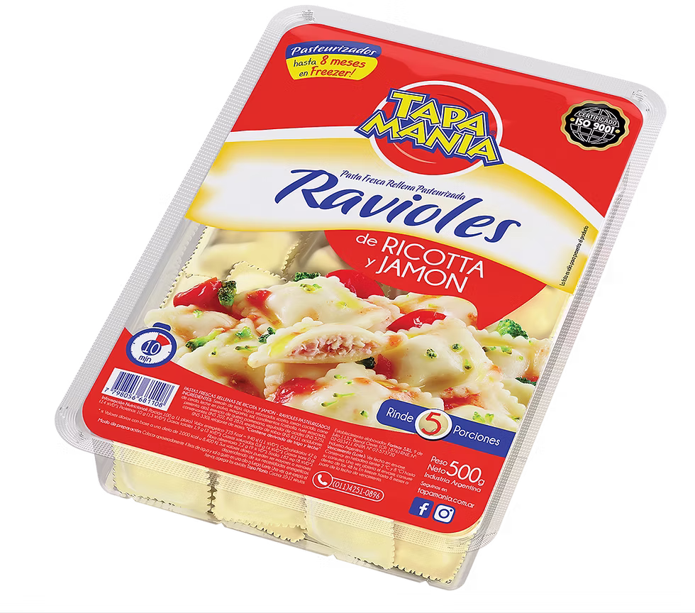 RAVIOLES BLISTER RICOTA Y JAMON TAPA MANIA X 500 GRS